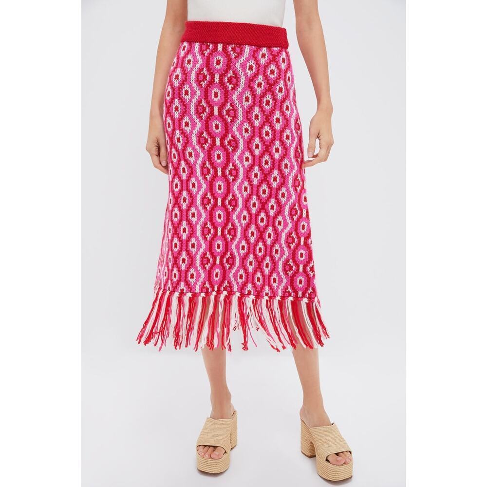 Tuckernuck Pink and Red Knit Midi Skirt with Fringe